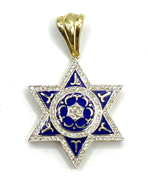 14K Gold & Diamond With Blue Enamel Star of David Necklace